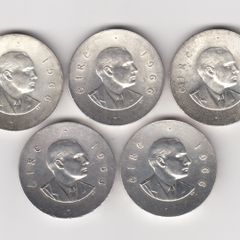 Ireland, 5 x Pearse 10/-, 1966, 83.3% silver coins, (no G20)