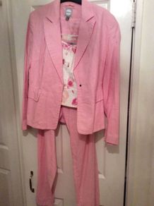 Designer 3 piece pink linen suit ,trouser, blazer and pink & white floral cameo top  .