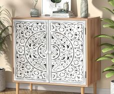 Wood Carving Sideboards for Living Room Cabinets Vintage Hollow Buffet Accent Cabinet with Adjustable Shelf, Magnetic Closure, Cupboard for Kitchen, Dining Room, Hallway 80 x 35 x 78 cm