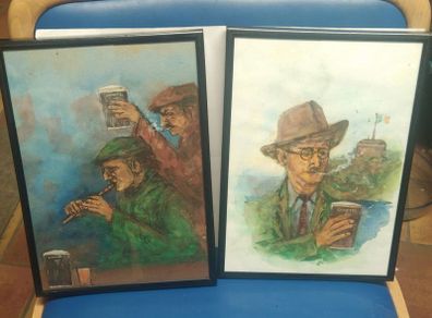 Pair Edward Tomkus watercolours - James Joyce & pub scene