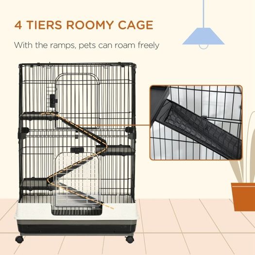 Four-Tier Small Animal Cage, for Bunnies, Ferrets, Chinchillas w/ Wheels, Tray - Black