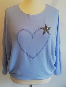 Carla Giannini Women's Angora Mix Top With Heart & Stars New With Tag Light Blue