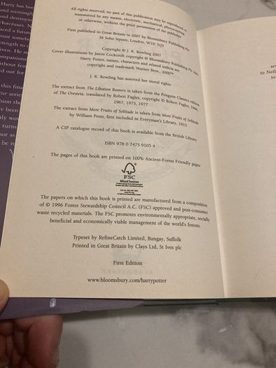 Harry Potter and The Deathly Hallows First Edition