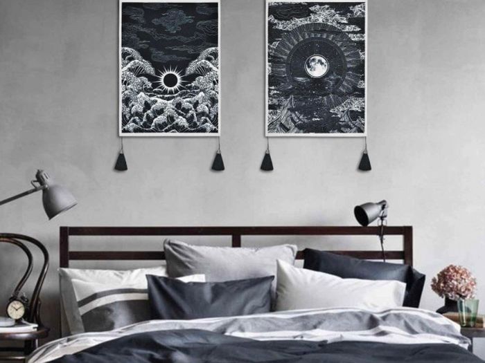 (Pack of 2) Moon and Star Tapestry Ocean Wave Black and White Tapestry Wall Hanging for Room (35 x 50cm)