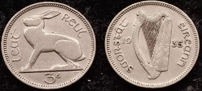 [#2163] - Ireland 1935 | Irish 3d | 3 Pence | Hare | KM.4