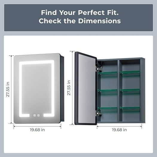 50 x 70 cm LED Lighted Bathroom Medicine Cabinet with Mirror, Defogger, Dimmer, 3 Color Light Makeup Mirror, Easy to Install, Wall Mounted Mirror Medicine Cabinet