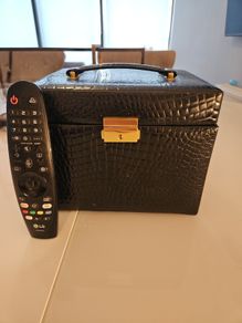Jewellery Vanity Box Black Faux Croc Leather with Gold Details