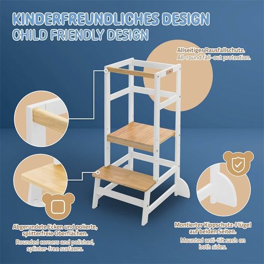 Learning tower for children from 1 year with height adjustable platform made of wood