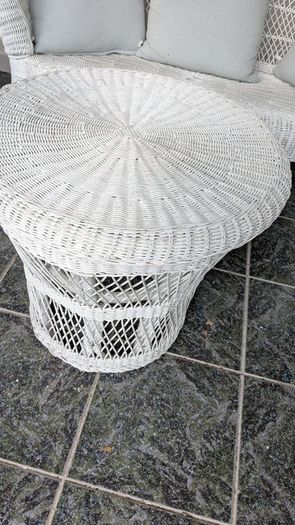 White wicker conservatory set - sofa, two chairs and table