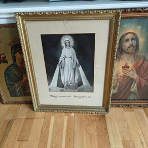 Three large vintage Our Lady and Sacred Heart pictures, Religious devotional items, good for props