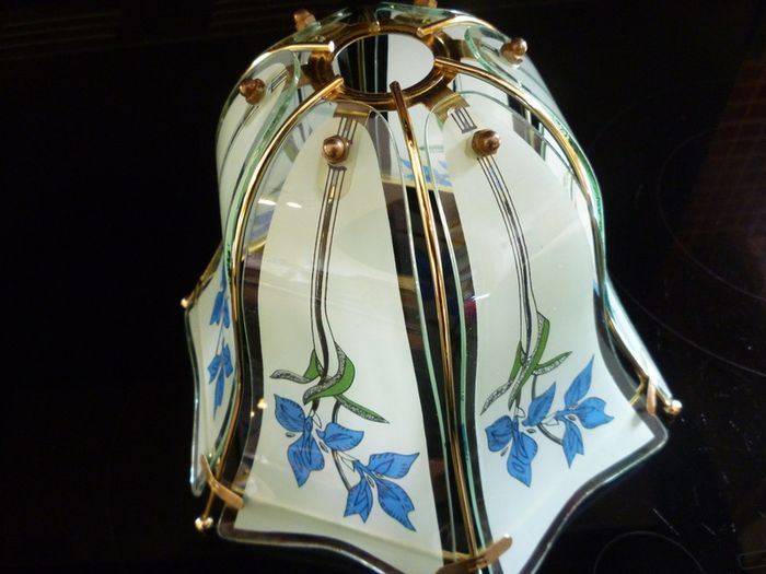 Glass Ceiling Light Shade Frosted Grey, Blue & Green, Gold Trim. SUPER CONDITION
