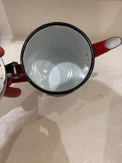 Vintage - Mid Century Red Enamel Coffee Pot with attached lid - 17 cm to lid level