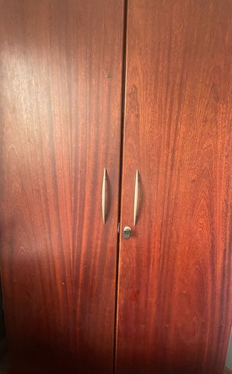 Large, very solid desk with side desk, lockable pedestal on wheels and lockable cabinet