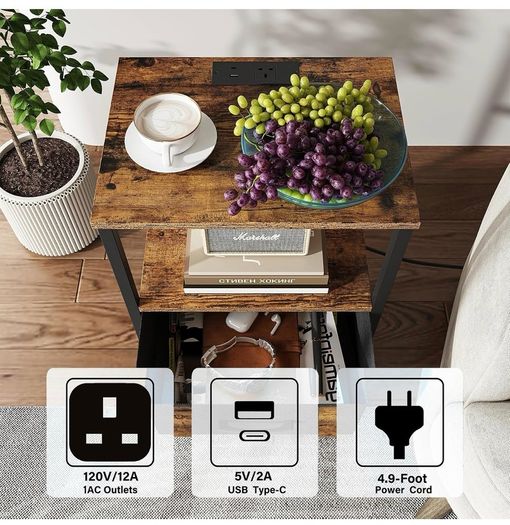 Bedside Table with Charging Station, Side Table with 2 USB Ports and Outlets, Nightstand with Cloth Drawer