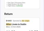 FLIGHT: return ticket Dublin - Milan Lin