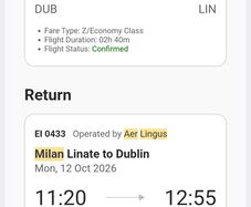 FLIGHT: return ticket Dublin - Milan Lin