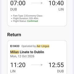 FLIGHT: return ticket Dublin - Milan Lin