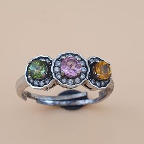 Vintage 925 Sterling Silver Multi-Stone Tourmaline Adjustable Ring