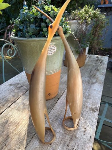 MID CENTURYPAIR OF CRANES hand carved Buffalo / cow horn