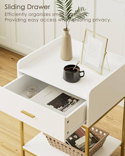 Bedside Table, 3-Tier Bedside Cabinet with Storage Drawer and Open Shelf, Small End Side Table with Gold Legs for Bedroom, Living Room, White Large