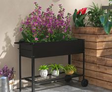 Raised Garden Planter on Legs dim. 109L x 39l x 80H cm Shelf 2 Wheels + Irrigation Insert Metal Black