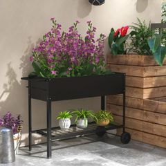 Raised Garden Planter on Legs dim. 109L x 39l x 80H cm Shelf 2 Wheels + Irrigation Insert Metal Black