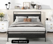Small Double Bed Frame with Wood Headboard,Metal Platform Bed Frame Double