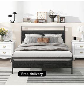 Small Double Bed Frame with Wood Headboard,Metal Platform Bed Frame Double