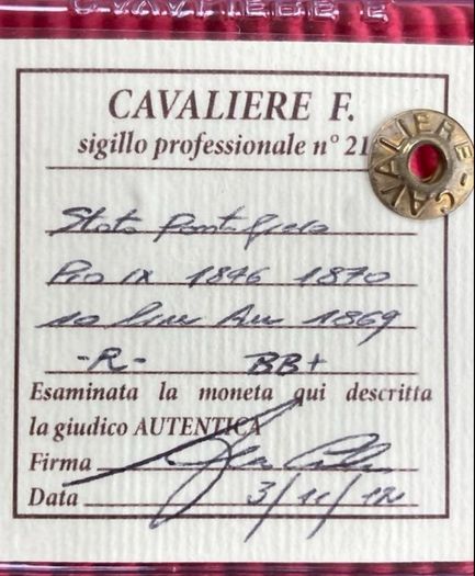 Vatican 1869 10 Lire Gold Coin Papal State Rare low mintage 5944!