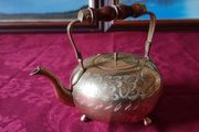Vintage Solid Brass Art Deco Engraved With Decorations Footed Medium Size Tea Pot With Lid And Wooden Handle Made In India