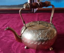 Vintage Solid Brass Art Deco Engraved With Decorations Footed Medium Size Tea Pot With Lid And Wooden Handle Made In India