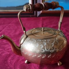 Vintage Solid Brass Art Deco Engraved With Decorations Footed Medium Size Tea Pot With Lid And Wooden Handle Made In India