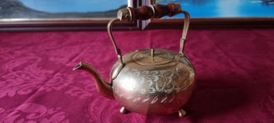 Vintage Solid Brass Art Deco Engraved With Decorations Footed Medium Size Tea Pot With Lid And Wooden Handle Made In India