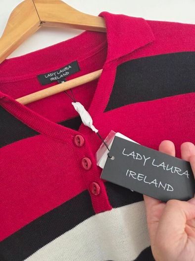 UK16, With Tags Lady Laura Ireland Wool Striped Polo Knit Collared Jumper