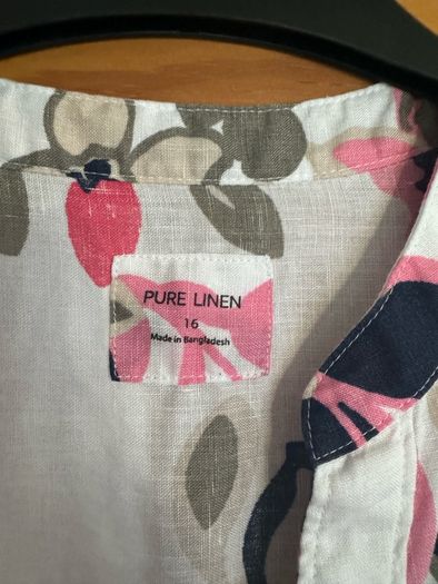 White floral pure linen short sleeve blouse size UK16 EU44 Postage included