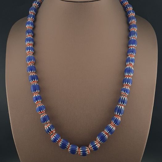 Antique Venetian Style Blue Chevron Glass Beads Necklace Strands
