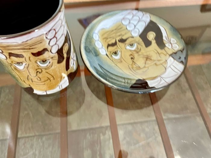 1960s Design English Chelsea Pottery Set Earthenware Glazed Footed Dish and Mug Barrister Judge Collectible