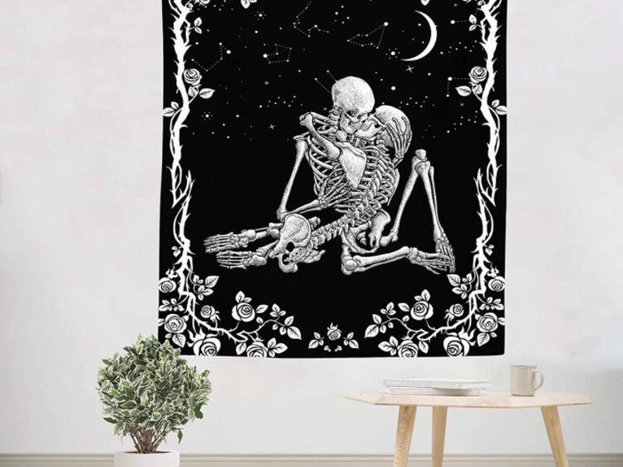 Skull Tapestry, The Kissing Lovers Black and White Tapestries, Moon and Starry Stars Floral Tapestry (MULTIPLE SIZES)