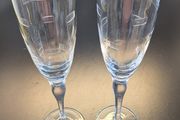 Pair Tall Etched Champagne Flutes Geometric Glass Toasting Glasses 25cm