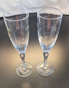 Pair Tall Etched Champagne Flutes Geometric Glass Toasting Glasses 25cm