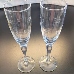 Pair Tall Etched Champagne Flutes Geometric Glass Toasting Glasses 25cm