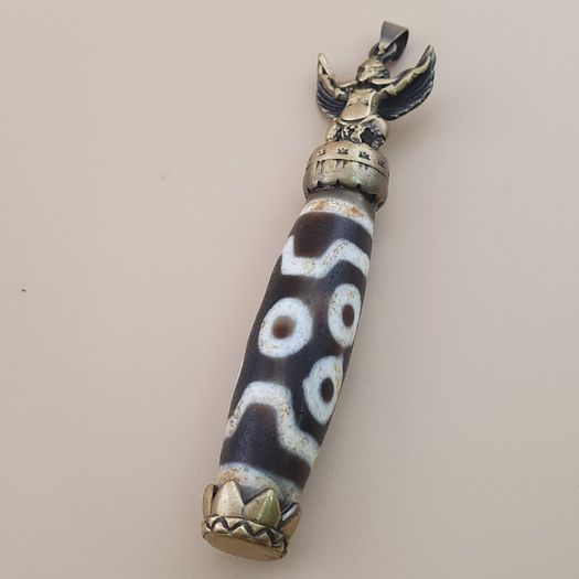 Vintage 6 Eyes Hiamalyan Tibetan Agate Bead Brass Pendant