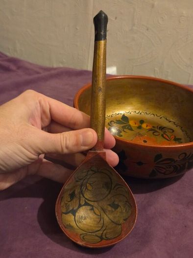Hand Painted USSR Wooden Bowl and Spoon