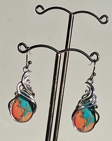 Ornate Filigree Oyster Copper Turquoise Teardrop Earrings