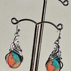 Ornate Filigree Oyster Copper Turquoise Teardrop Earrings
