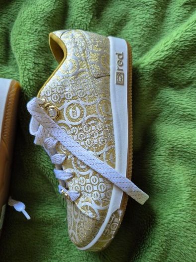 Ecko Red Women's Gold & White Monogram Trainers - Size 4