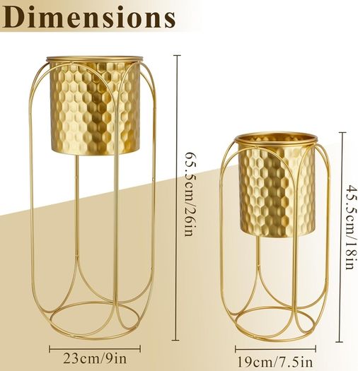 Set of 2 Indoor Outdoor Decorative Planters with Stand for Plants 65.5 & 45.5cm Tall Morden Flower Pot Stand for Dining Room Kitchen Office Garden Patio Wedding (Golden Honeycomb Stamping)