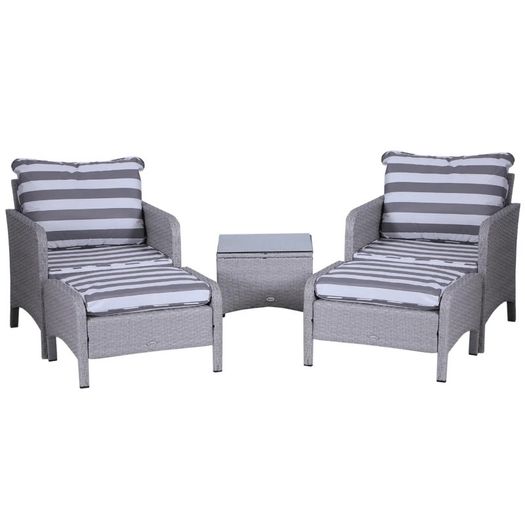 5 Pcs PE Rattan Garden Furniture Set, 2 Armchairs 2 Stools Glass Top Table Cushions Wicker Weave Chairs Outdoor Seating