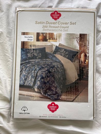 Cotton Box Satin Duvet Set - Single 155x220cm - Noctelle Beige / Navy - 100% Cotton - New and Sealed