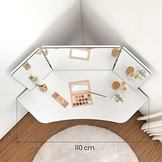 Dressing table, corner dressing table, dressing table, cosmetic table, 3-part folding mirror, 2 drawers, 3 open compartments, 110 x 54 x 140 cm, modern, white